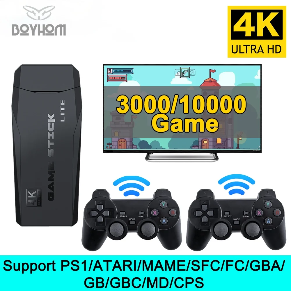 Wireless Video Game Console 4K HD Display on TV Projector Monitor Classic Retro 64GB 10000 Game 2 Controller Y3 Game Stick Lite