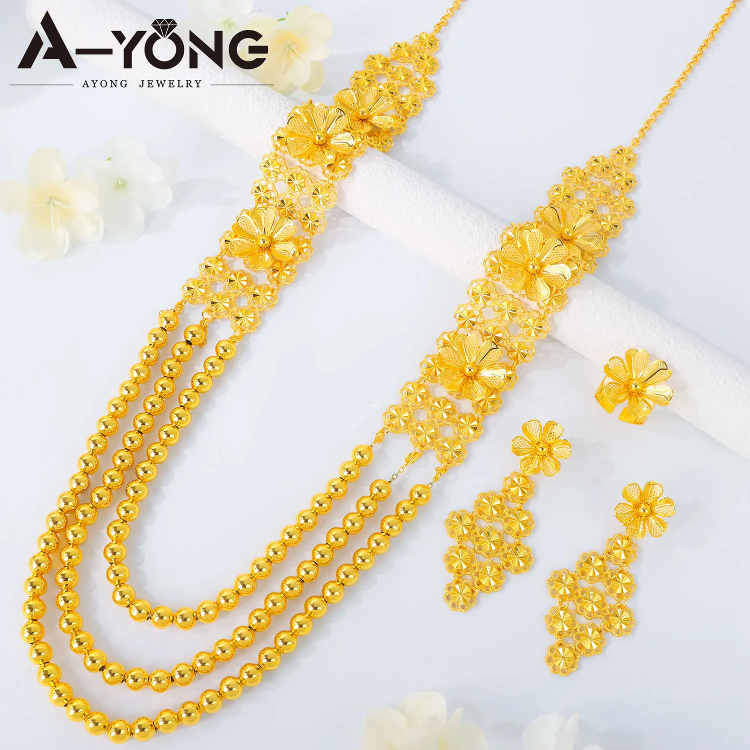 Luxury Ethiopian Bridal Wedding Jewelry Set Habesha Gold Color Beaded Necklace Ring Earrings Arabic Women Banquet Jewelrys