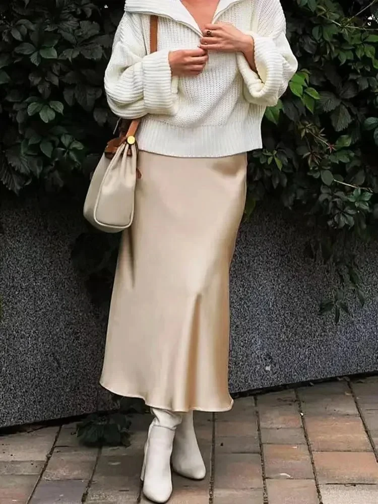 

2026 Summer Satin Skirts for Women Temperament Elegant High Waist Black Skirt Fashion A-line Side Zipper Office Lady Midi Skirt