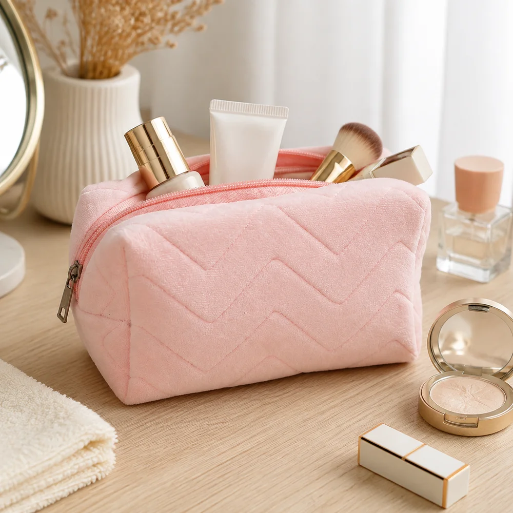 New Quilted Cosmetic Bag Zipper Closure Portable Toiletry Bag Soft Fabric Pastel Colors Storage Pouch Toiletry Organization