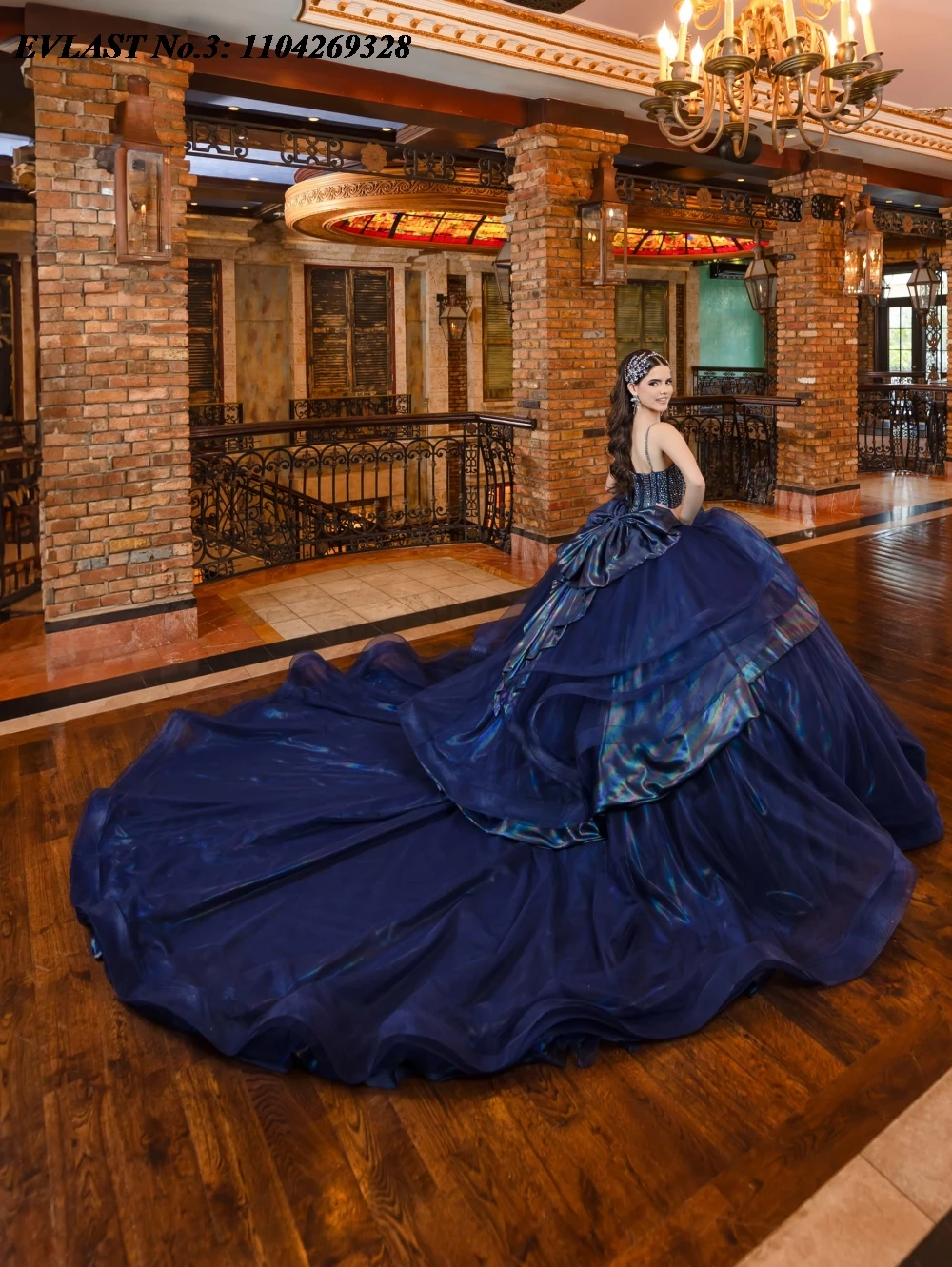 EVLAST Customized Shiny Navy Blue Quinceanera Dress Ball Gown Crystal Beaded Tiered Bow Sweet 16 Vestido De 15 Anos E3Q462