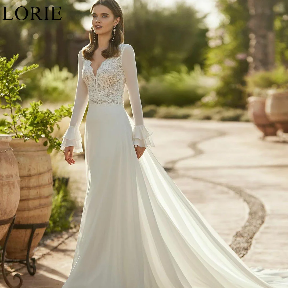 

LORIE Vintage Elegant Chiffon Wedding Dresses A-Line Lace Appliques Illusion Back Long Flare Sleeves 2024 Beach Bridal Gown