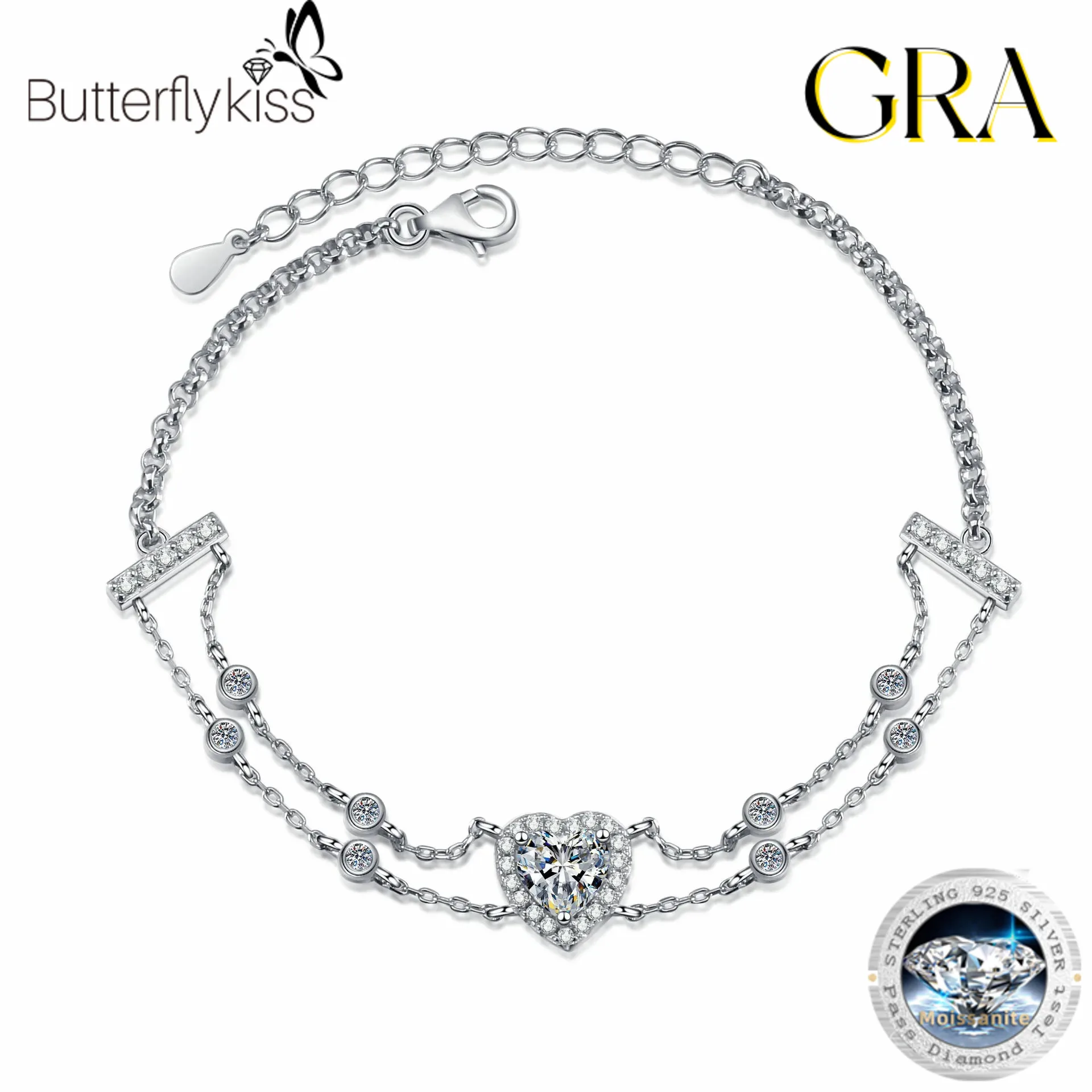 

Butterflykiss Fashion Trend Luxury Classic Moissanite Double Chain Heart Bracelets For Charm Women 925 Silver Party Jewelry Gift