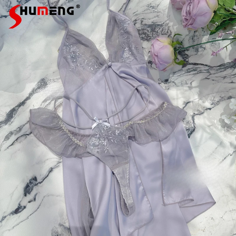 

See Through Strap Nightdress Set Ladies French Sexy Embroidered Nightgowns Women's Silk Surface Pure Desire Sleepshirts
