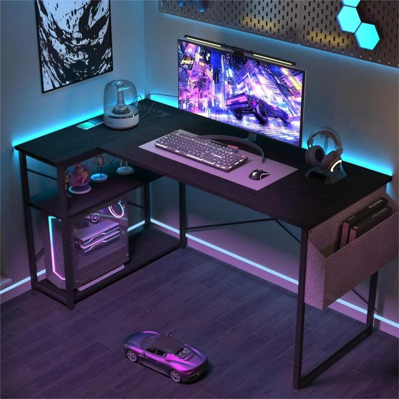 Small Computer Desk with Power Outlets, 40 Inch L Shaped Desk with Reversible Shelves