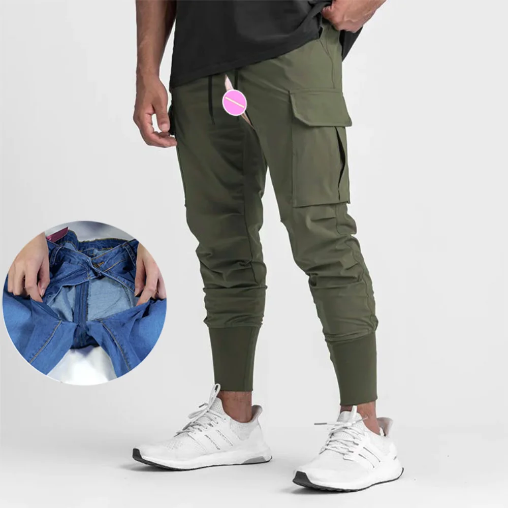 

Летние тонкие повседневные брюки из ледяного шелка, мужские новые уличные спортивные брюки с открытой промежностью, мужские быстросохнущие свободные спортивные брюки с тесьмой