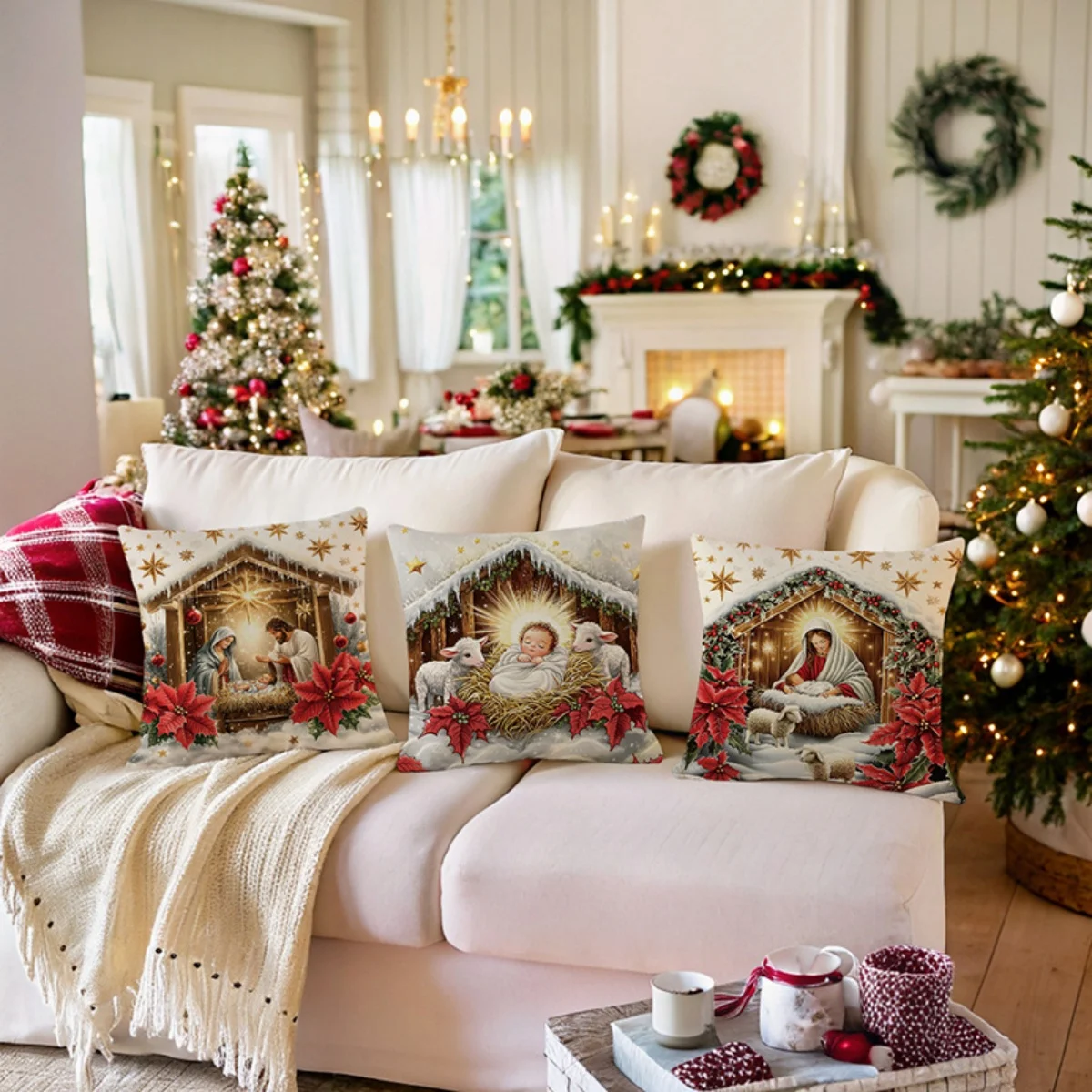 Nativity Scene Christmas 4Pcs Throw Pillow Covers, Home Decor Cushion Cases for Sofa Bedroom