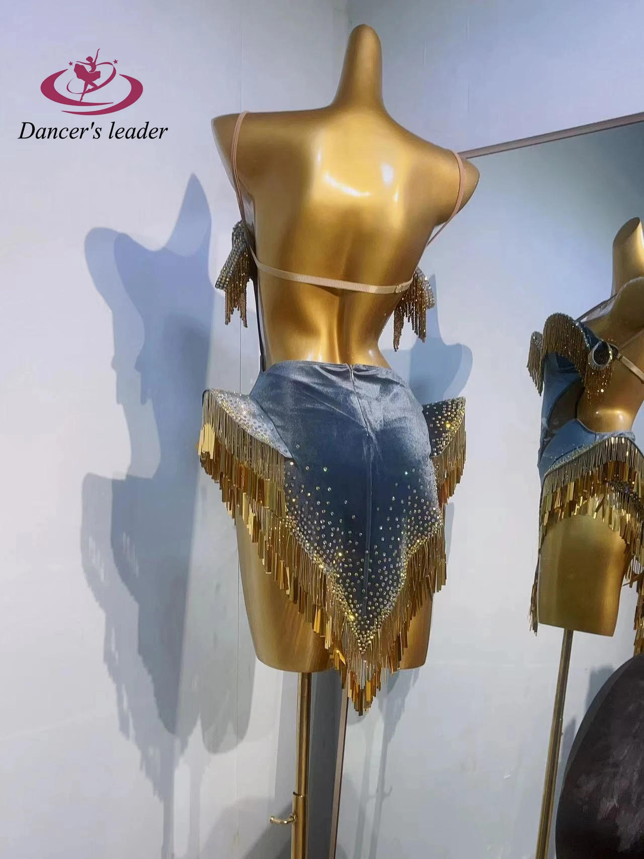 Latin Dance Stage High-end Custom Suede Gold Chain Catwalk Samba Strass Prestatiekostuum voor dames