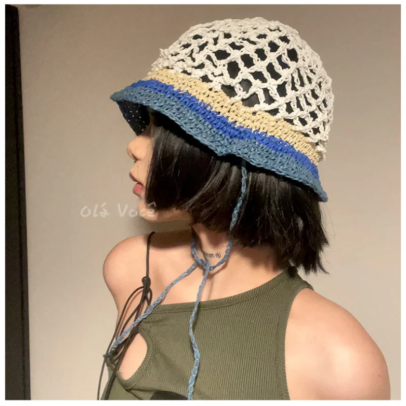 Mori Girl Bucket Hat Japanese Hand-woven Hollowed-out Contrasting Fisherman\'s Cap Sweet and Cute Lace-up Straw Beach Caps