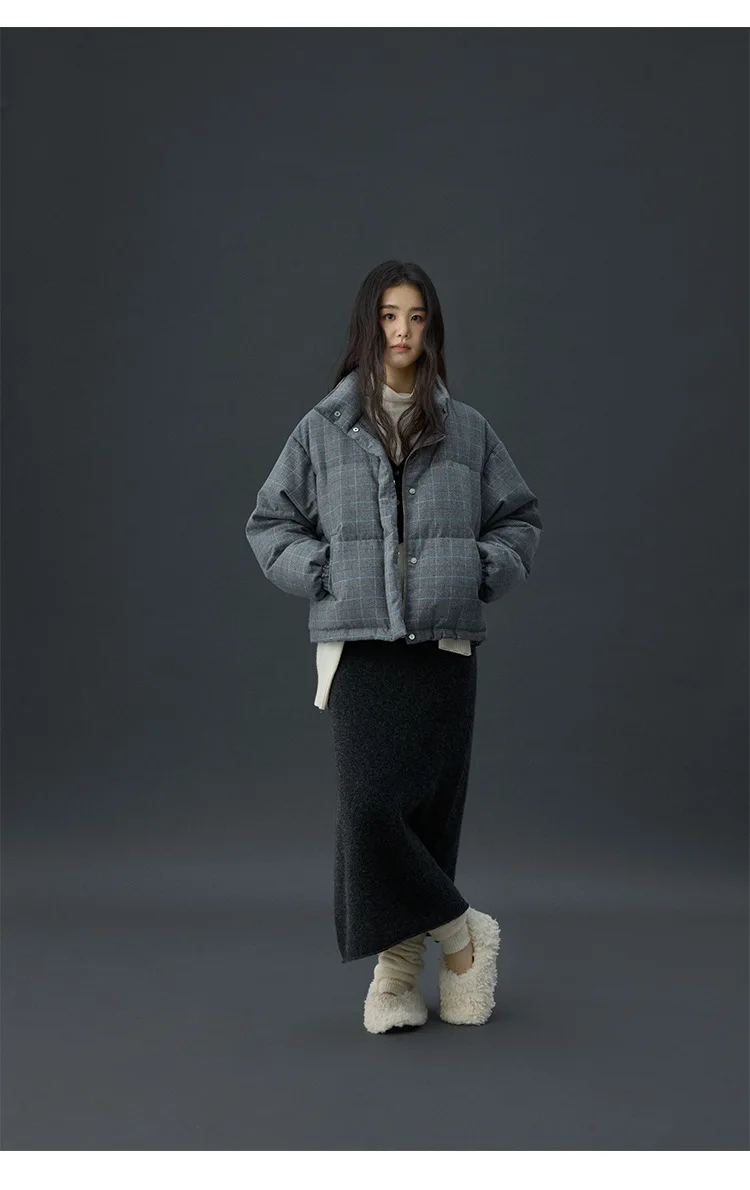 Winter women's casual solid color retro plaid warm bread down jacket