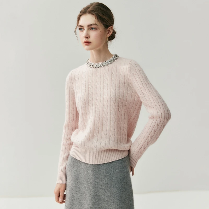 

Women's 100% Cashmere Sweater O-neck Pullover Autumn Winter Twist Beading Design Grace Style Cashmere Knitwear Female Clothes