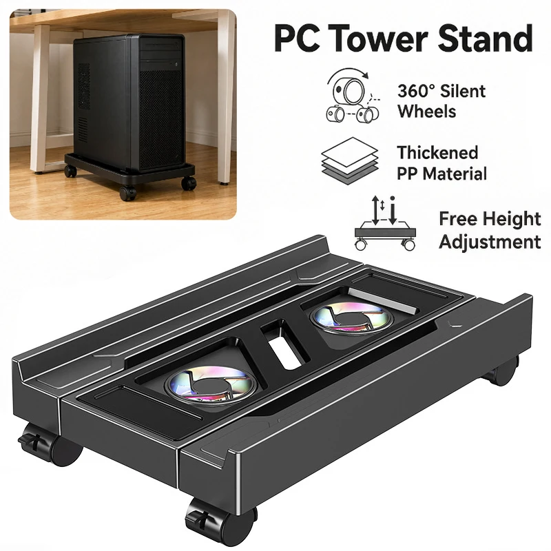 Adjustable PC Tower Stand with Cooling Fan,Thickened PP Material,360° Silent Wheels–Mobile Computer Case Holder for Desk&Office