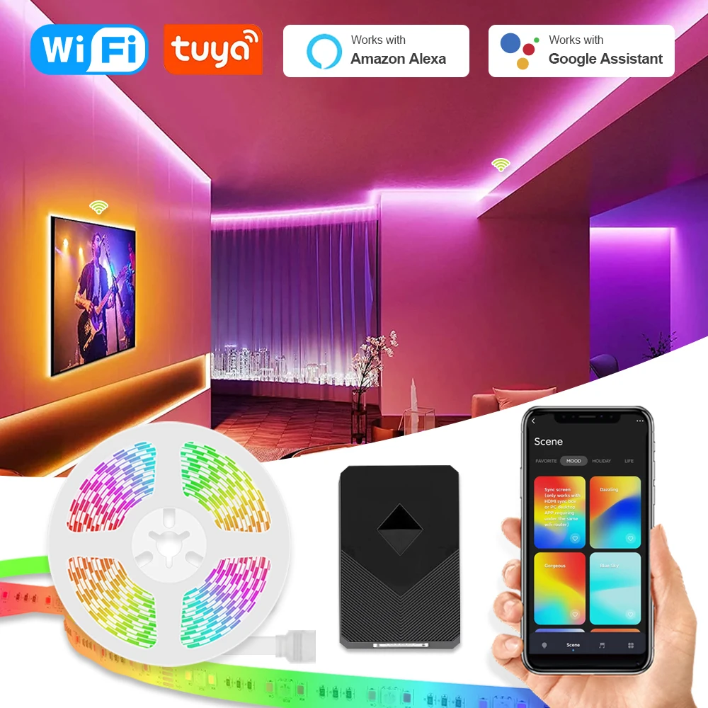 ambiente inteligente led strip lights sincronizacao com tv backlight hdmi sync box mudanca de cor luz de teto controle wifi linkage rgbcw 01