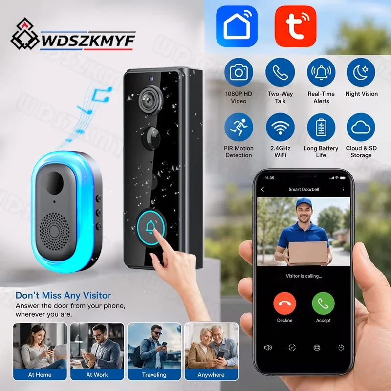 Tuya WiFi Video Doorbell Wireless HD Camera Smart 4000mAh IR Alarm Security Smart Home Door Bell Waterproof Intercom for Home
