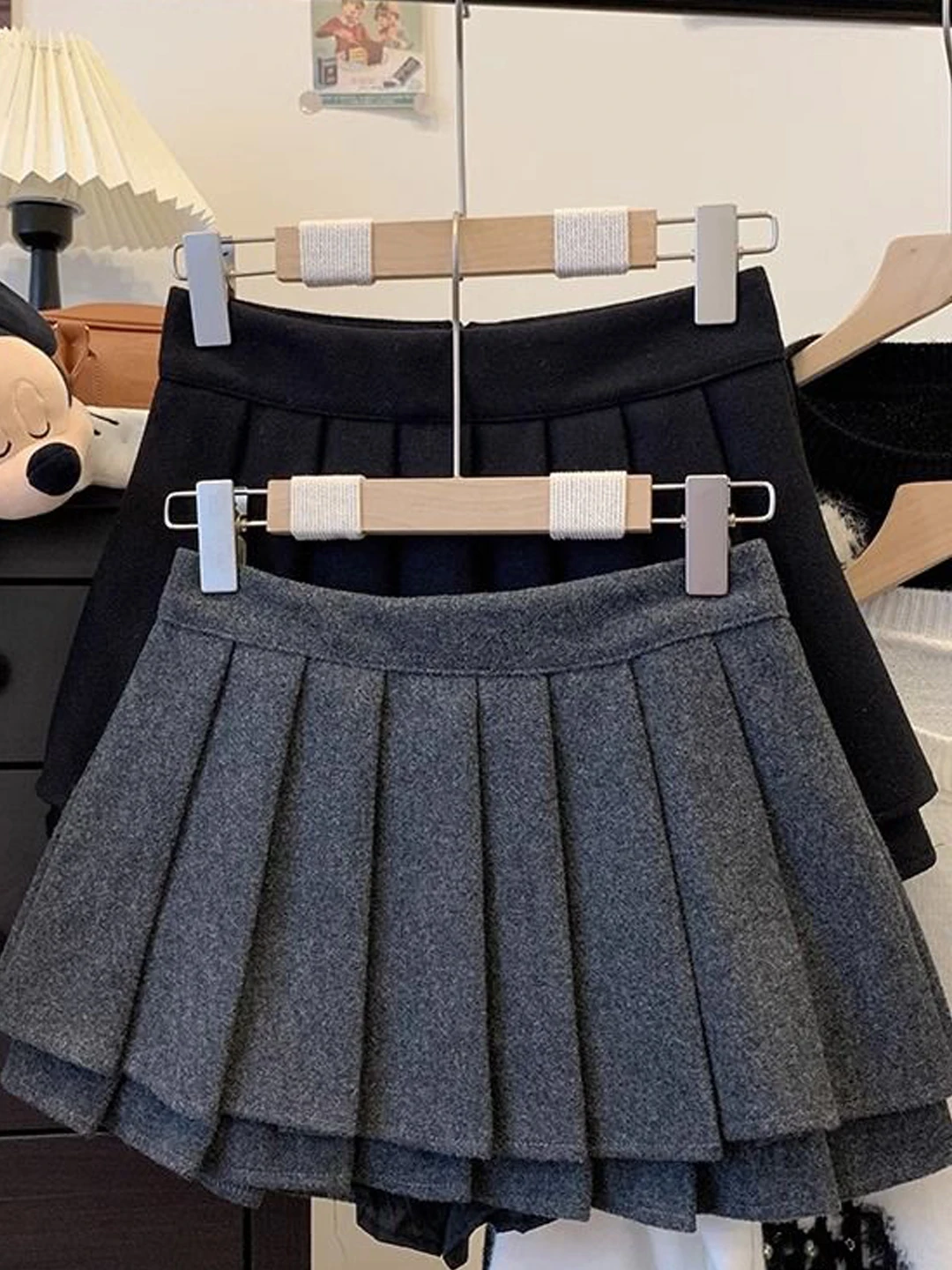 Deep Grey Woolen A-Line  Skirt Women's High Waist Slimming Double Layered Autumn Winter Fashion College Style Skirts