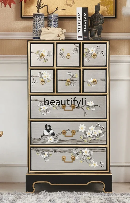 2024 new new Chinese-style painted flower and bird bedroom multi-drawer storage locker solid wood nine-chest cabinet