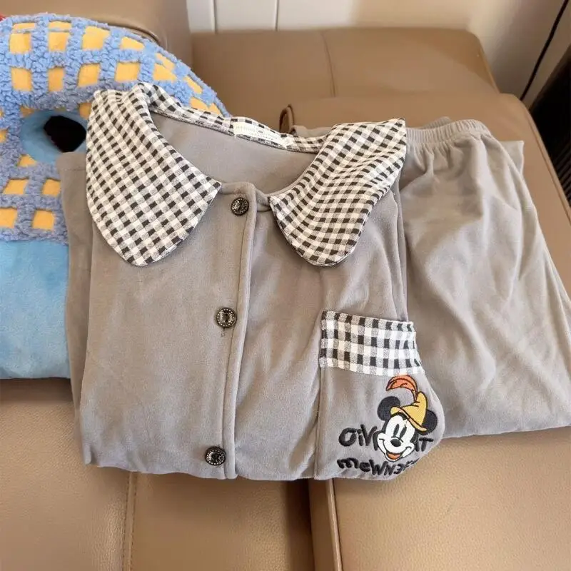 

Mickey Mouse Embroidered Gray Pajama Set Gingham Peter Pan Collar Pocket Soft Brushed Cotton Oversized Casual Loungewear Spring
