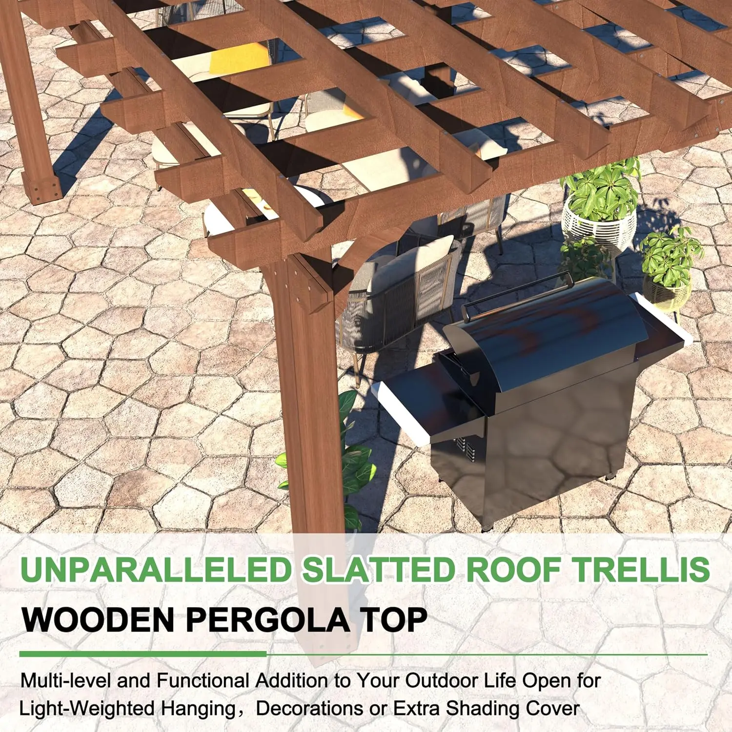 10x14 FT Cedar Wooden Pergola Kit with Trellis Roof, Outdoor Patio Pergola with Stakes, Snow and Wind Supported,Custom