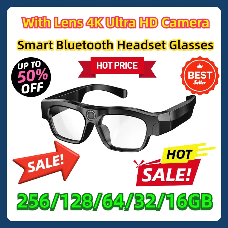 

With Lens 4K Ultra HD Camera Smart Bluetooth Headset Glasses 256GB