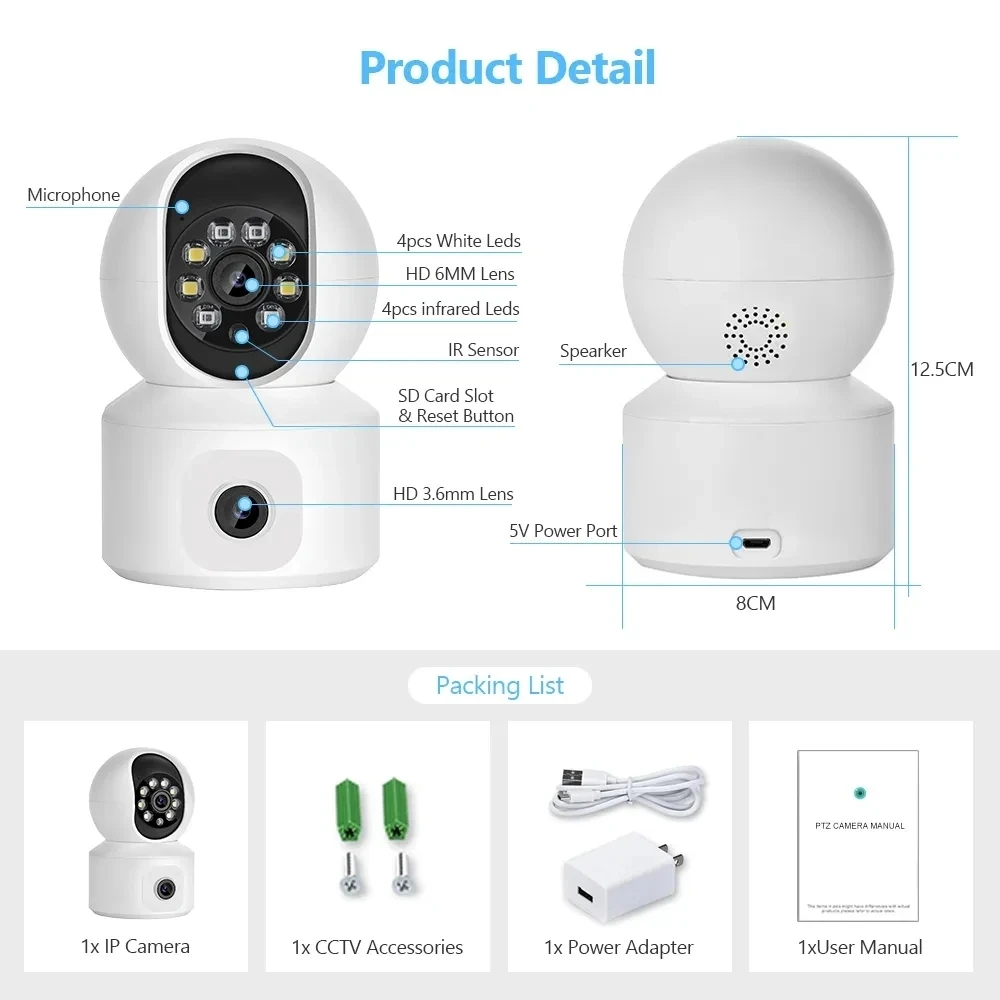 ICSEE WiFi IP PTZ Camera 8MP Dual Lens 4MP Security Camera Human Detection Auto Tracking Two Way Audio Remote Control CCTV Cam