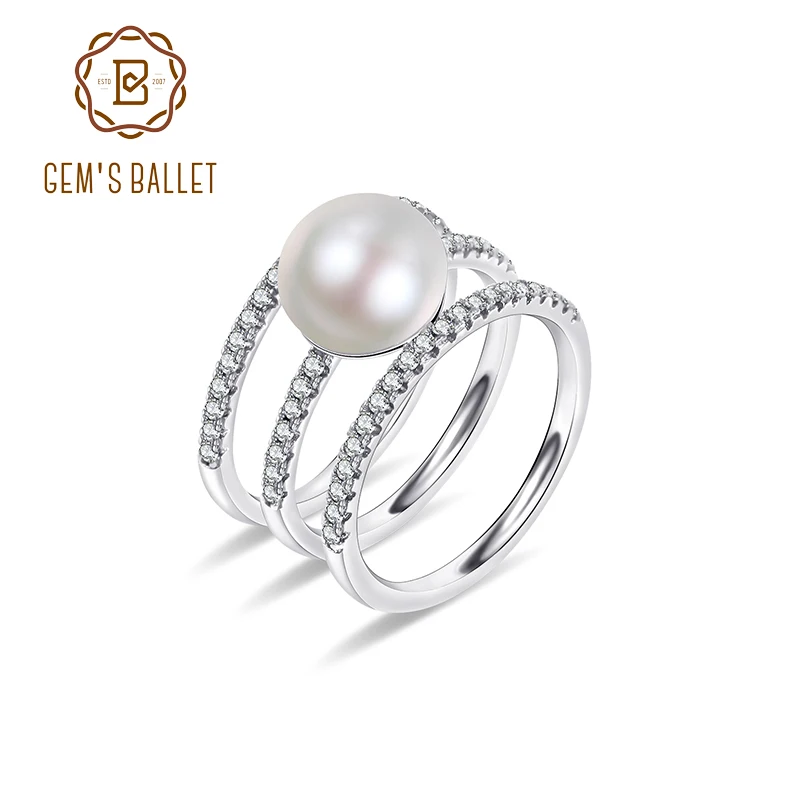 

GEM'S BALLET Pearl Jewelry 9mm White Freshwater Pearl Ring June Birthstone 925 Sterling Silver Finger Ring Gift For Her
