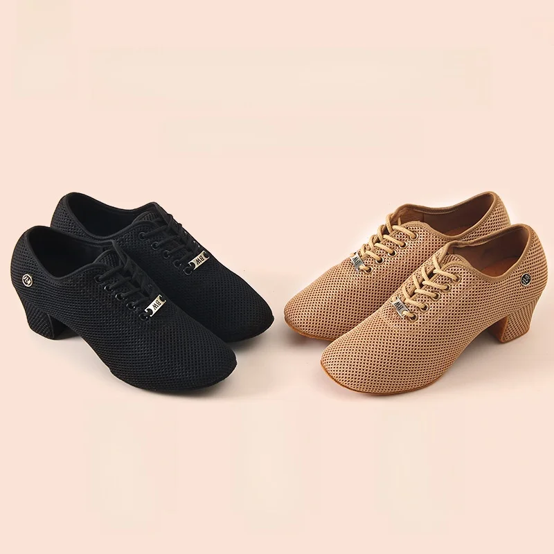 Women's Latin Dance Shoes Soft Bottom Medium High Heel Square Social Dancing Shoes Mesh Material Teacher's Shoe Dancewear