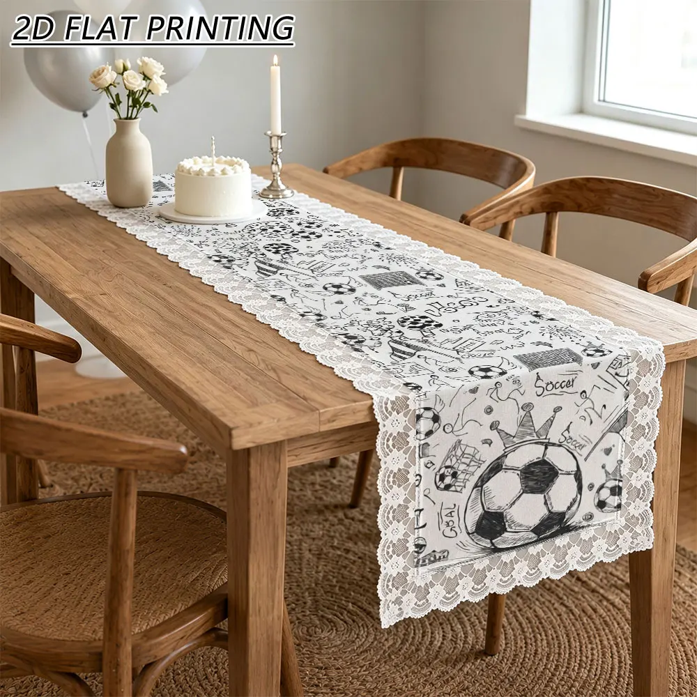 1pc Soccer Doodle Pattern Tulle Lace Table Runner For Football Fans Sports Party Decor