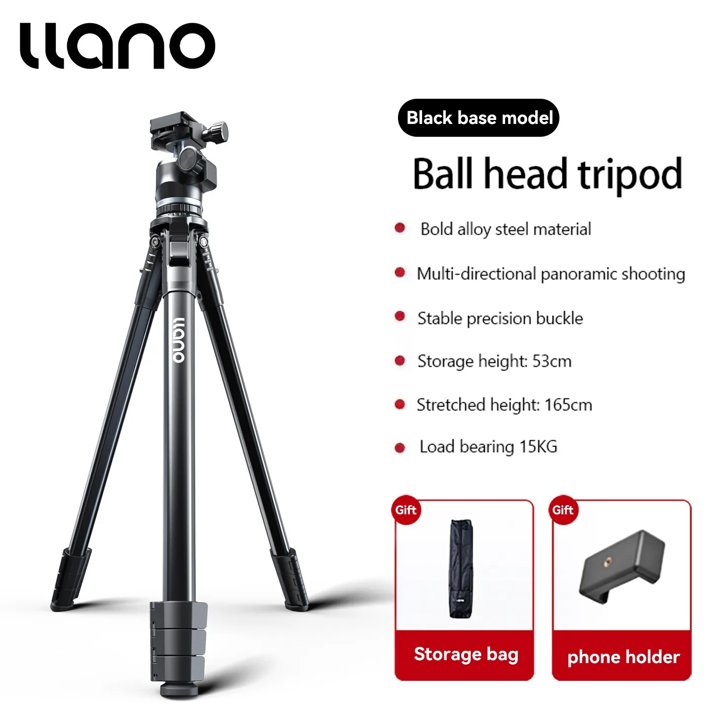 Llano Professionele Fotografie Camera Statief Reistelefoon Statief met Fluid Head (Max. Belasting: 15KG) Hoogte van 53cm tot 165cm