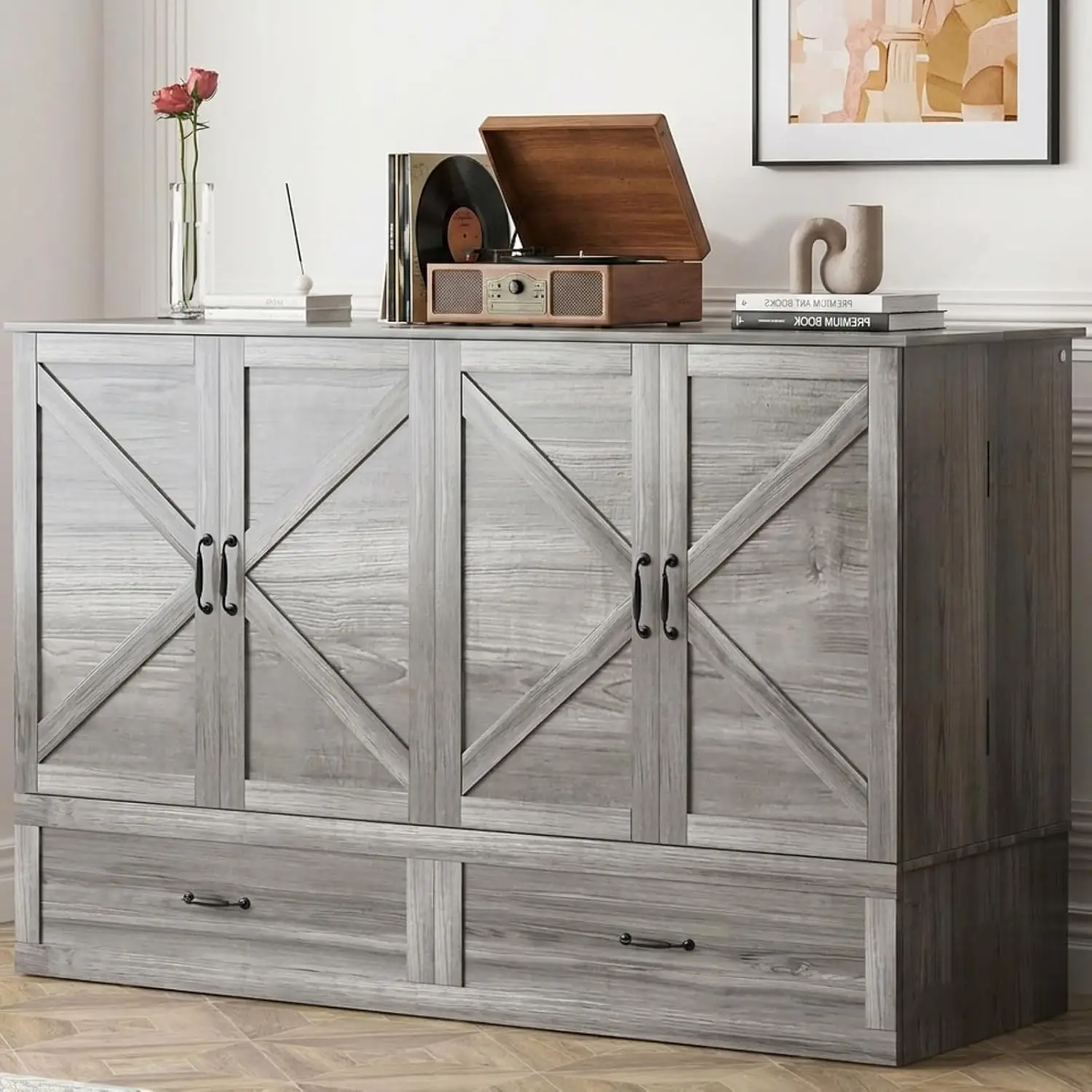 Queen Murphy Bed Cabinet Tri-Fold Mattress Charging Station Hidden Storage Drawers Space Saving Chest Wall Bed, Customized