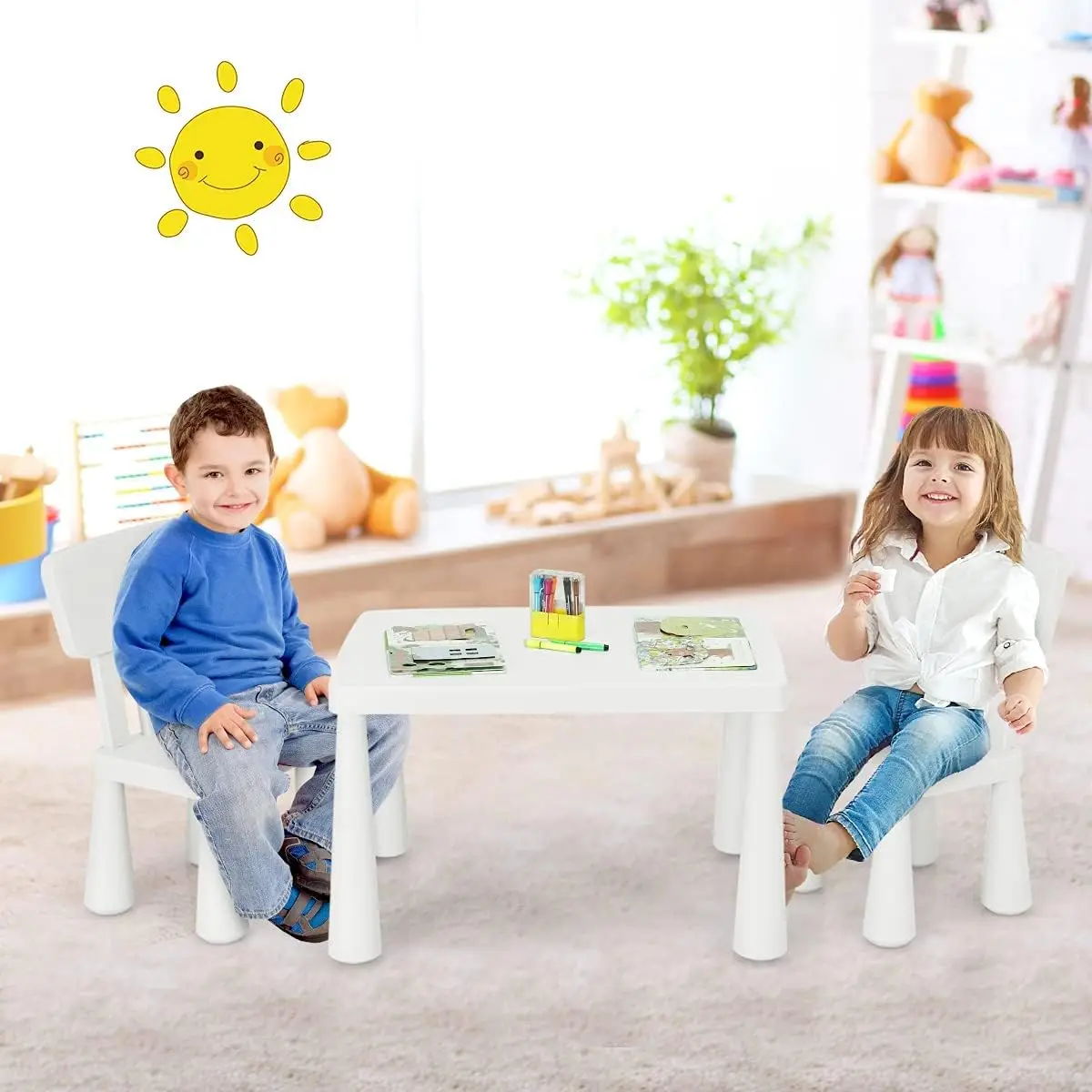 Juego de mesa y sillas para niños, actividad infantil de plástico de 3 piezas para lectura, dibujo, tiempo de aperitivos, manualidades, preescolar, jardín de infantes