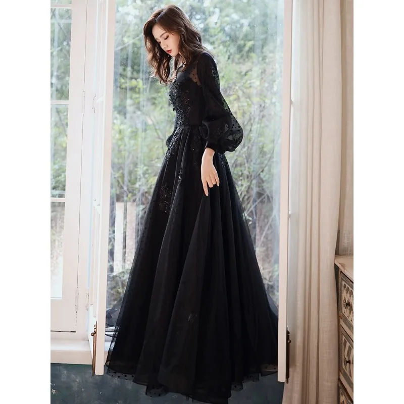 2025 New Women's Black Mesh Sequin Embroidered Evening Dress Fashionable Slimming Long Sleeved Birthday Party Long Dress
