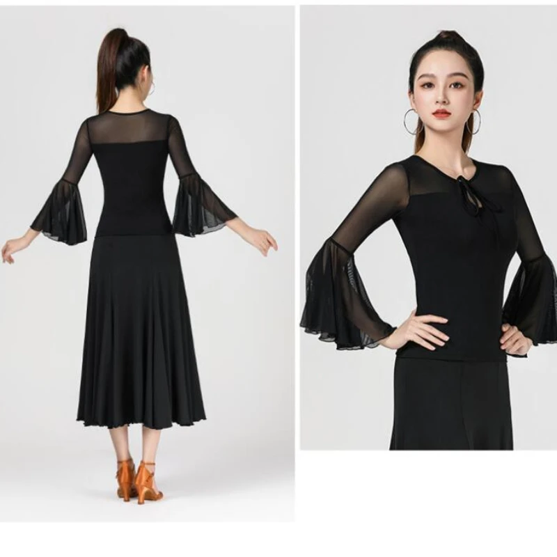 Women\'s Dance Suit Top Line Dance Clothing Summer Black Long Sleeve Mesh Ballroom Modern Female Dance Suit Samba Party Dresses
