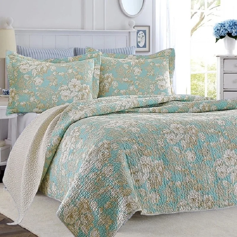 Padded Cotton Quilt Set, Floral Bedspread on the Bed, Quilted Blanket with Pillowcases, Double Bed Cover, Summer Coverlet 3Pcs