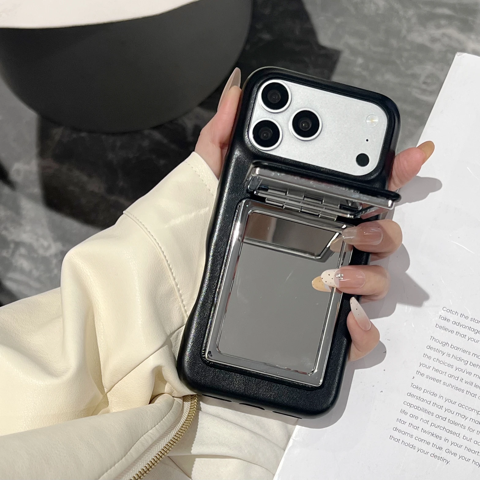 Fashion Retro Maillard Dark Color Leather Imitation Cover Case For iPhone 17 16 15 14 13 Pro Max with Flip-up Mirror Holder view 6