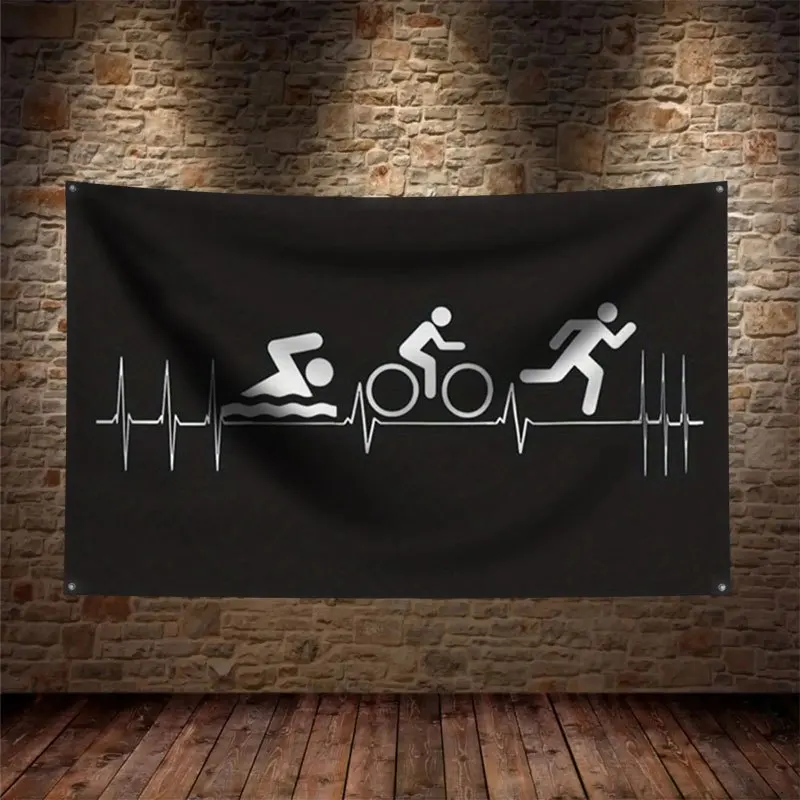 Fitness Sports Banner Poster Athletic Running Cycling Swimming Workout Decor Gym Man Cave Heartbeat Wall Art