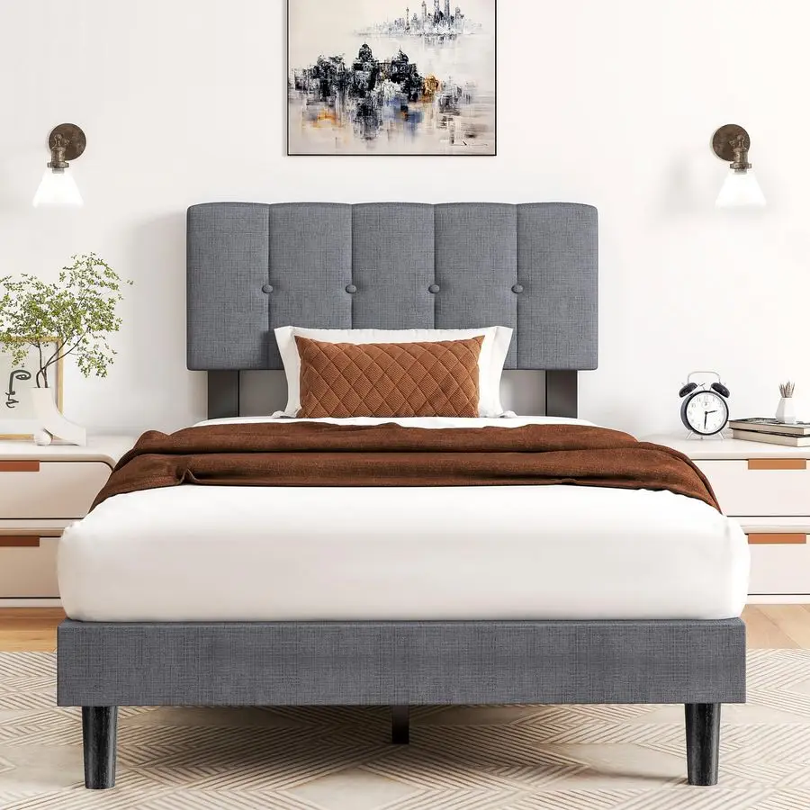 

Twin Size Bed Frame Fabric Upholstered Platform Bed with Headboard, 530LBS Sturdy Wooden Slats Support, No Box Spring Needed, No