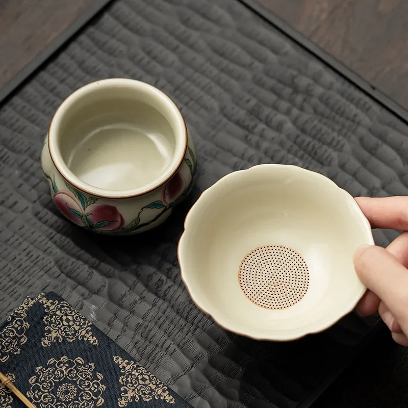 Antique Ru Kiln Nine Peach Filter Group Ceramic Integrated Household Tea Filter Single Tea Leak Tea Filter TeaSet Accessories