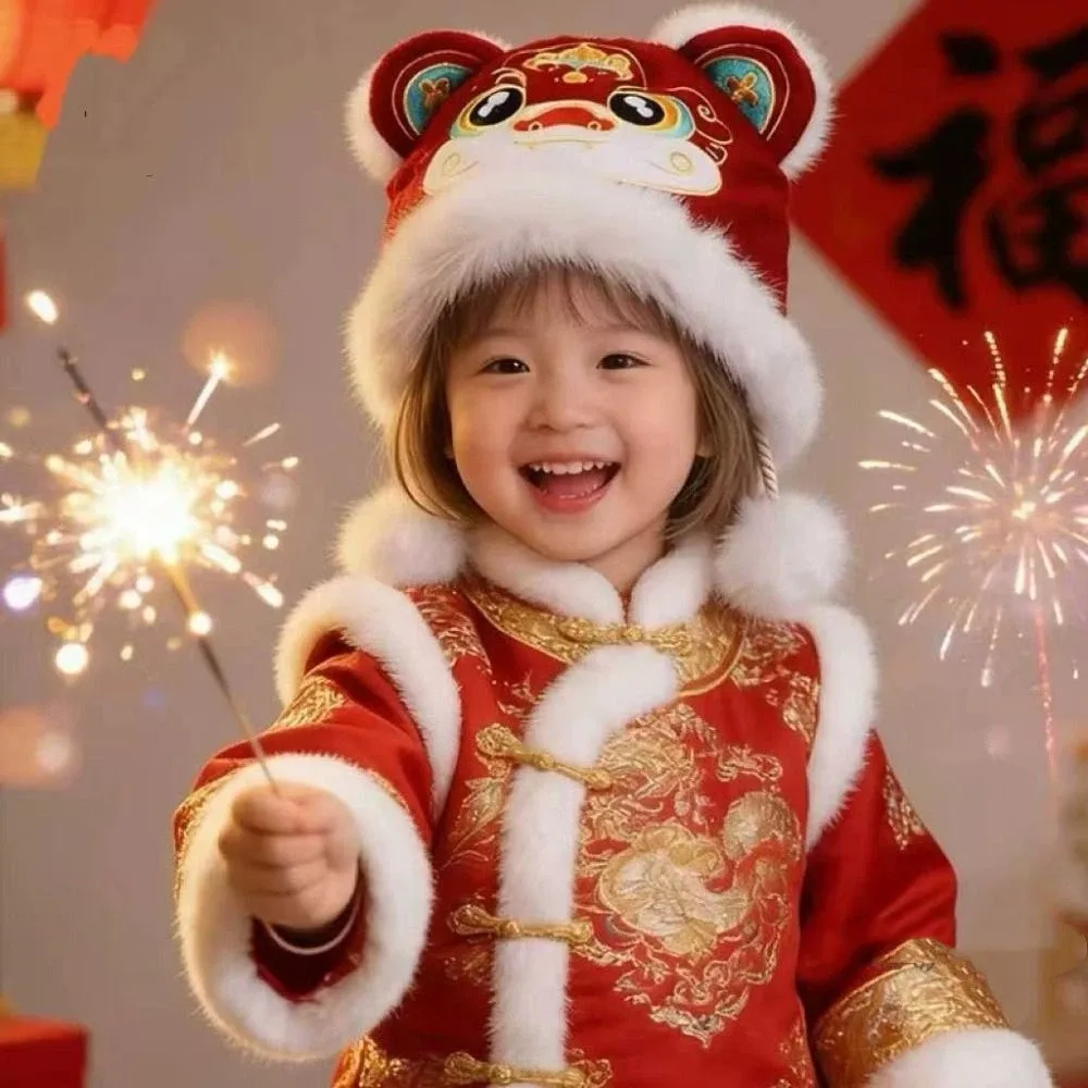 Creative Ear Muffs Children's Lion Dance Hat Thickened Chinese Style New Year Red Cap Cute Soft Tiger Head Hat Streetwear