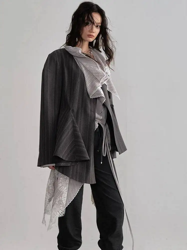 Women Dark Gray Striped Ruffles Elegant Blazer New V-neck Long Sleeve Jacket Fashion Spring Autumn 2026 SYOO