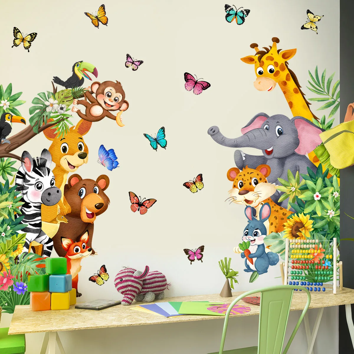 

Large Cute Jungle Animal Wall Sticker for Kids Rooms Baby Bedroom Room Decor Nursery Children's Sticker Butterfly Wallpaper