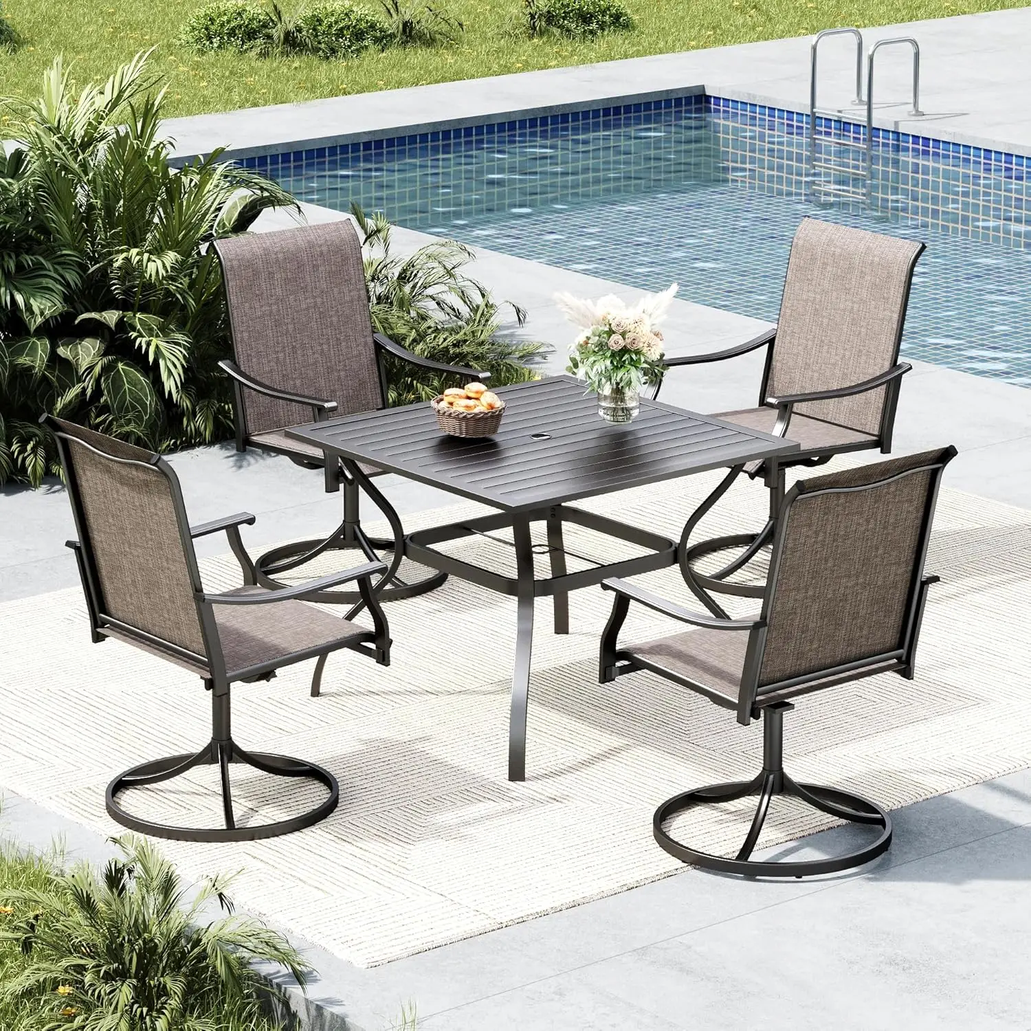 Outdoor Patio Dining Set for 4, Outdoor Patio Set with 37x 37 Square Metal Table, 4 Swivel Patio Chairs,Customized