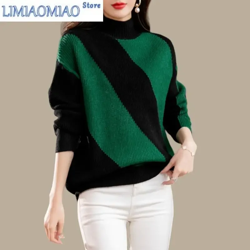 

Korean Fashion Pullover Long Sleeve Screw Thread Sweater Knitted Women's Clothing Autumn Winter Round Neck Contrast Color Tops