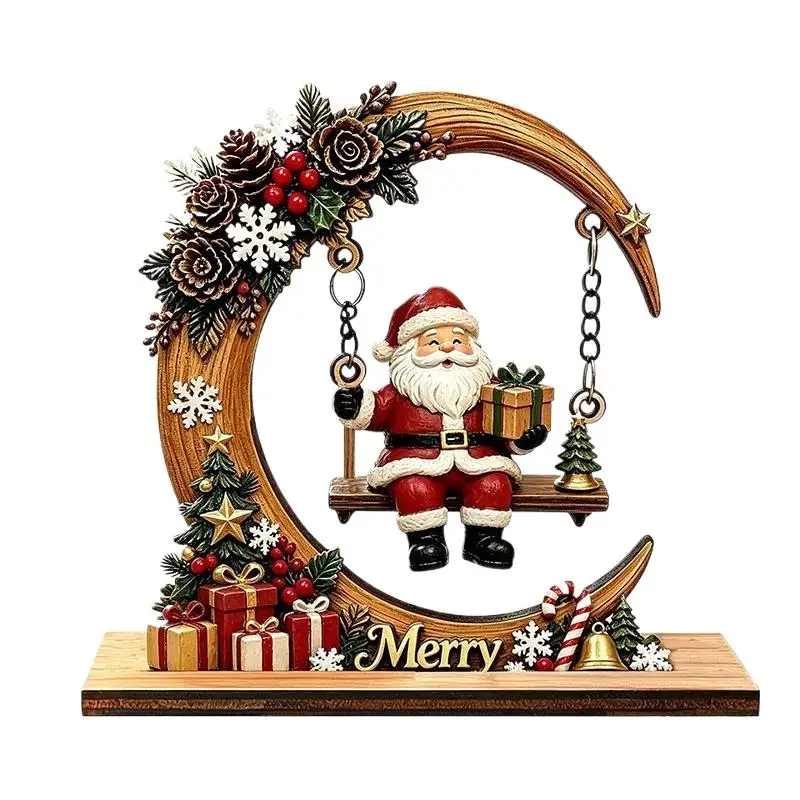 Wooden Santa Claus Swing Ornament with Moon Frame Festive Details for Home Tabletop Christmas Decor