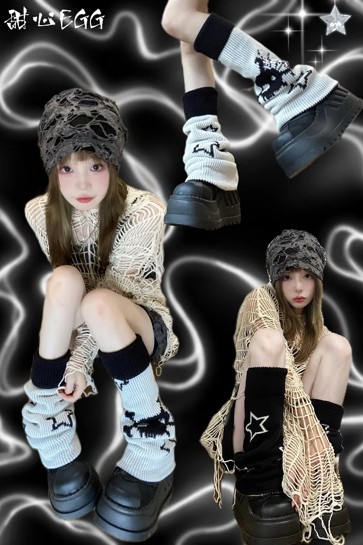 Mikumn Harajuku Y2k Star Skull Black White Knitted Two-side Wear Leg Warmers Socks Punk Girls Chic Streetwear Leg Cover