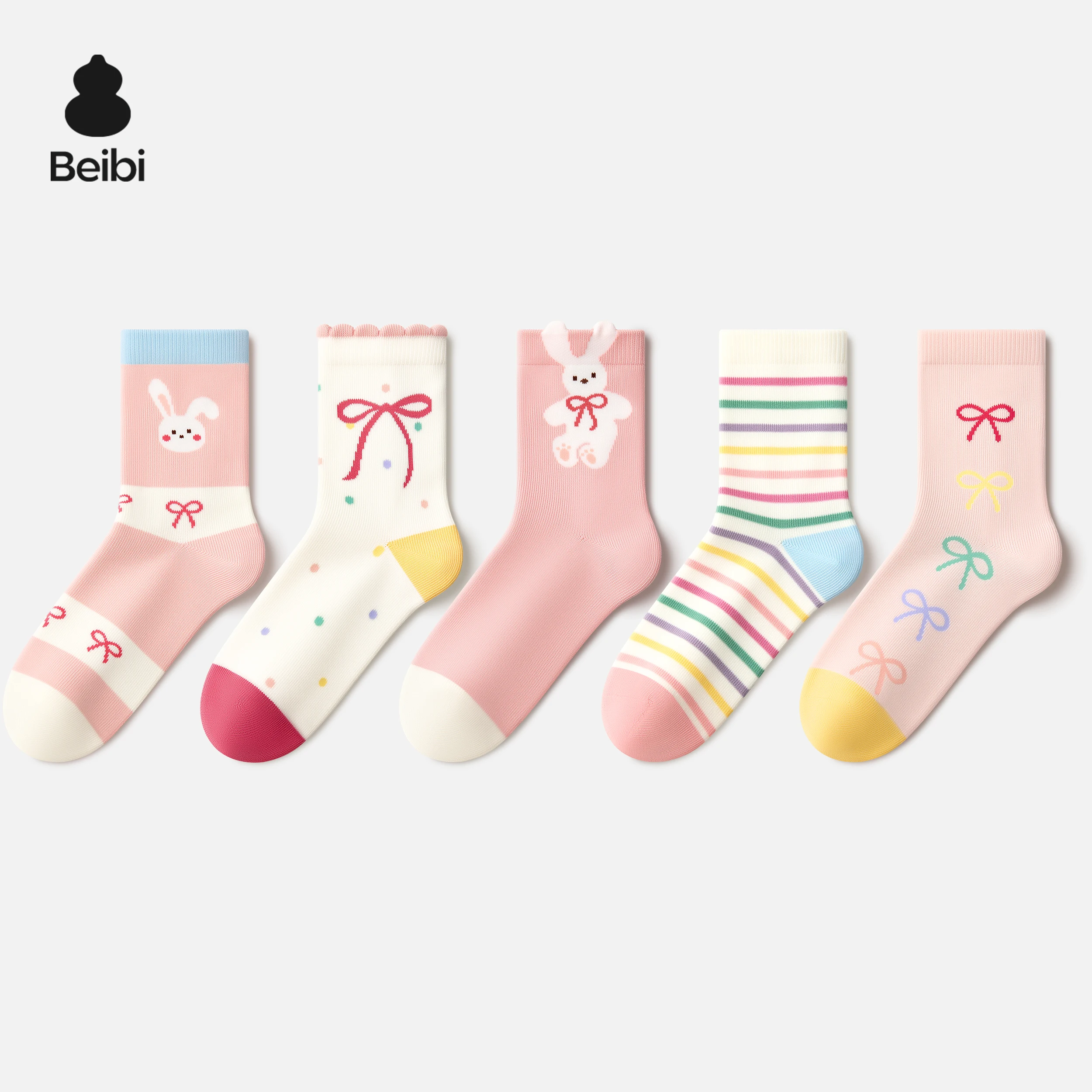 

Beibi 5-Pair Pack Girls' Mid-Calf Socks Cartoon Print Kid's Mid-Calf Socks All-Season Wear Suitable for Children Ages 4 and Up