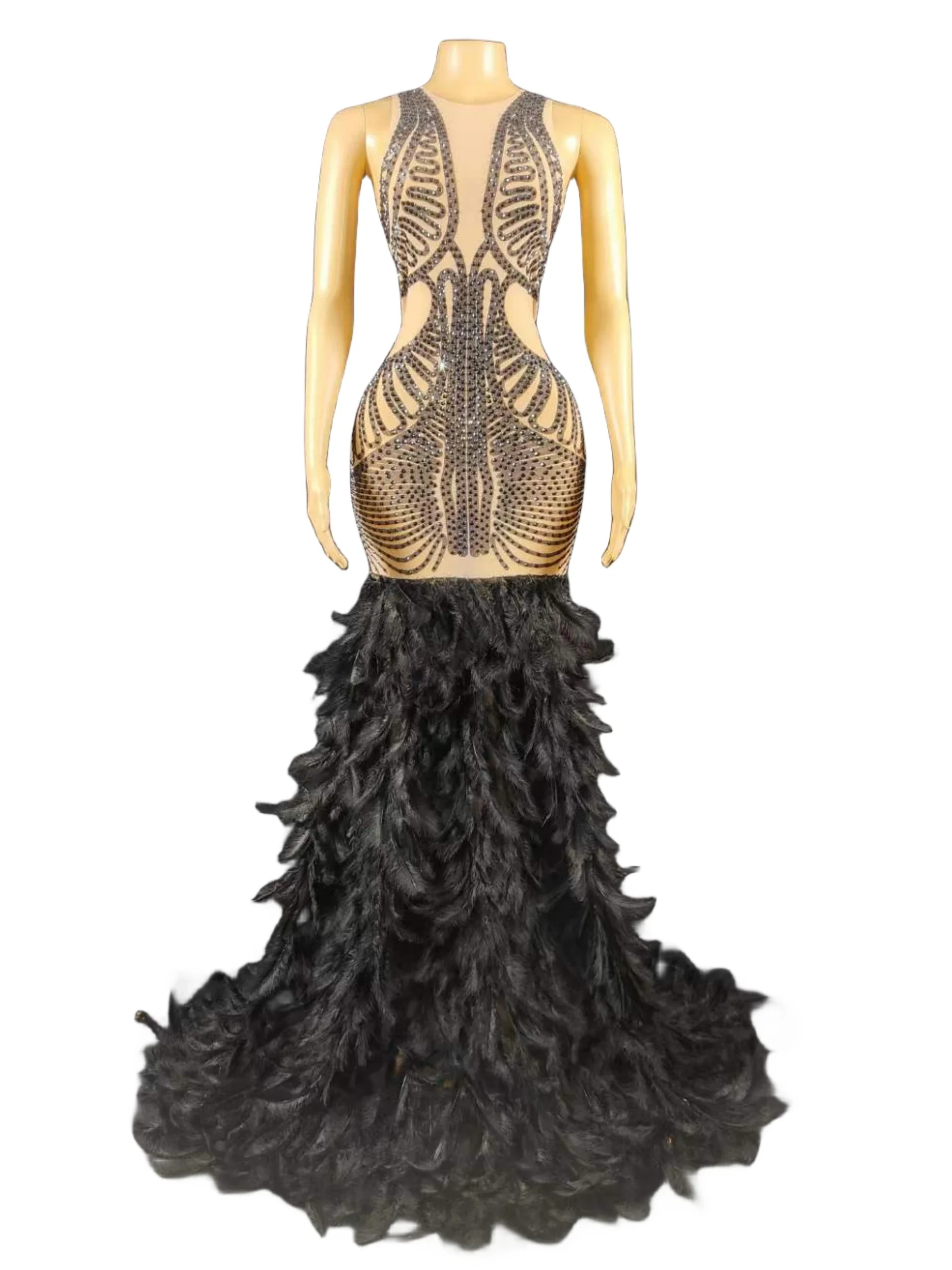 

Charming Pageant Bachelorette Outfits Women Black Feather Rhinestone Sparkly Party Birthday Stage Performance Long Dress