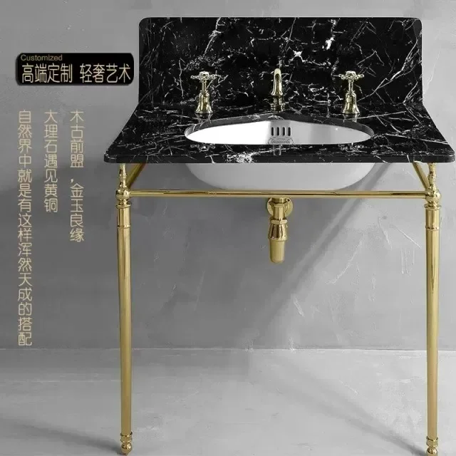 Marble bracket basin pure copper floor-to-ceiling gold-plated heightened and lengthened single double-layer retro