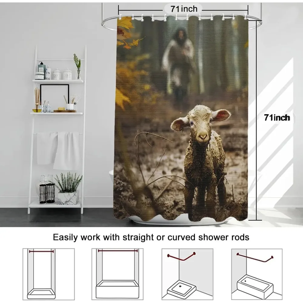 Jesus Running After Lost Lamb Shower Curtain Christian Gifts Good Shepherd Bathroom Decor Hooks