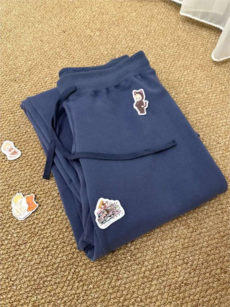 Navy Drawstring Sweatpants Woman Spring Raw Hem Straight Yoga Long Pants Female Vintage Streetwear Cotton Fleece Trousers Y2K