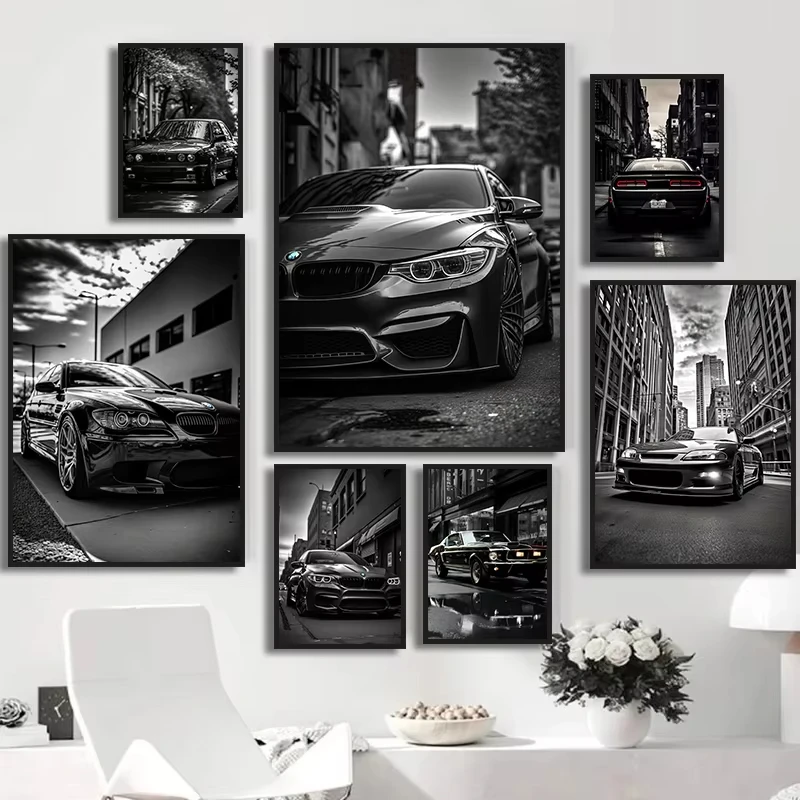 سلسلة السيارات الحديثة تطور M3 M4 ملصق أسود فاخر سباق السيارات حائط لوح رسم صورة لغرفة المعيشة ديكور المنزل